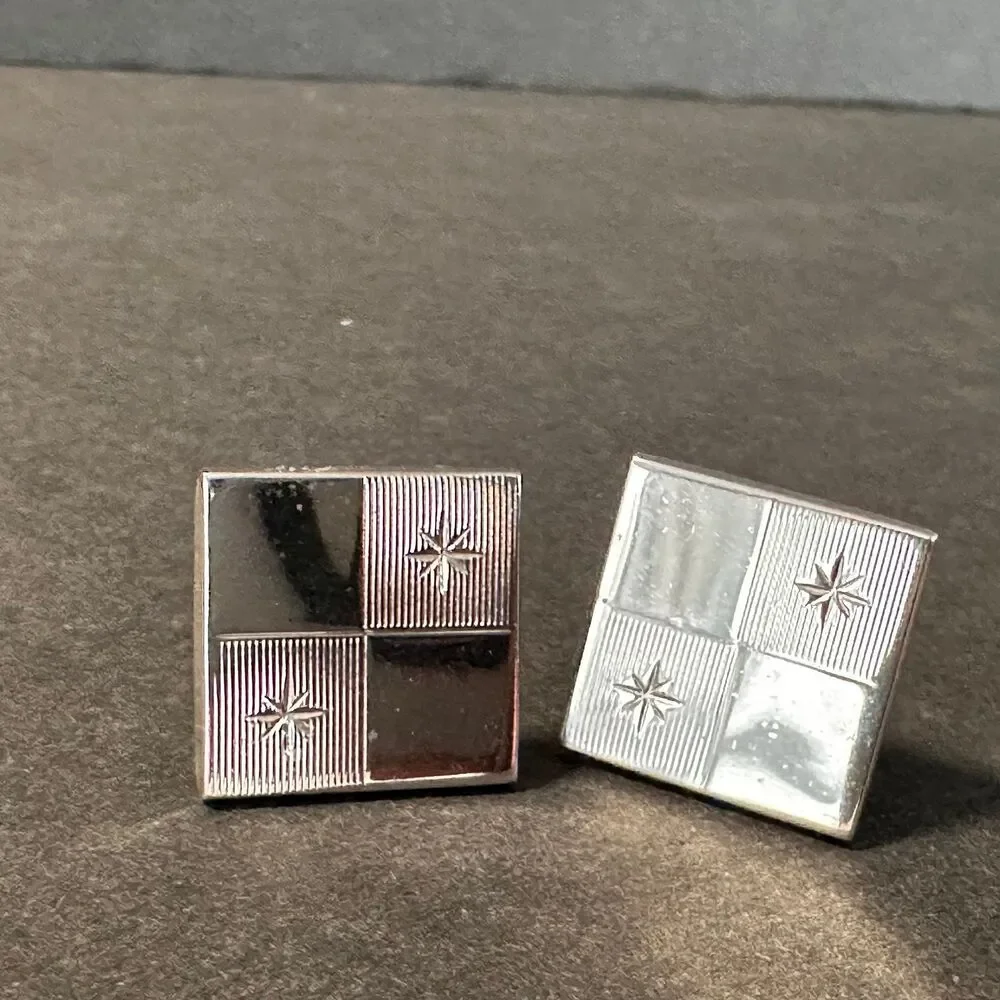 Vintage Silver Tone Cufflinks 3/4” Square in Square Starburst Design